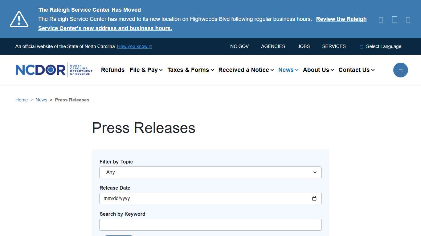 Press Releases | NCDOR